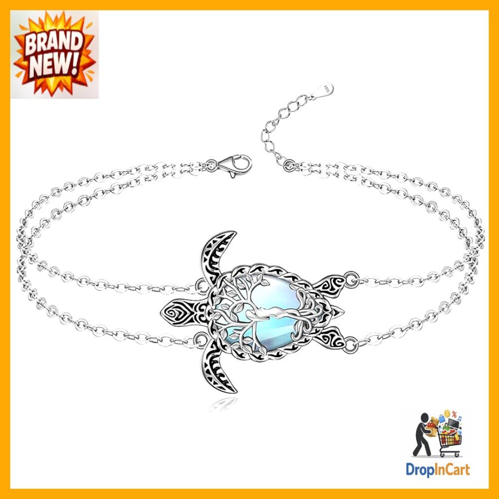 Sterling Silver Anklet Elegant Tree of Life Turtle Bracelet Moonstone Jewelry